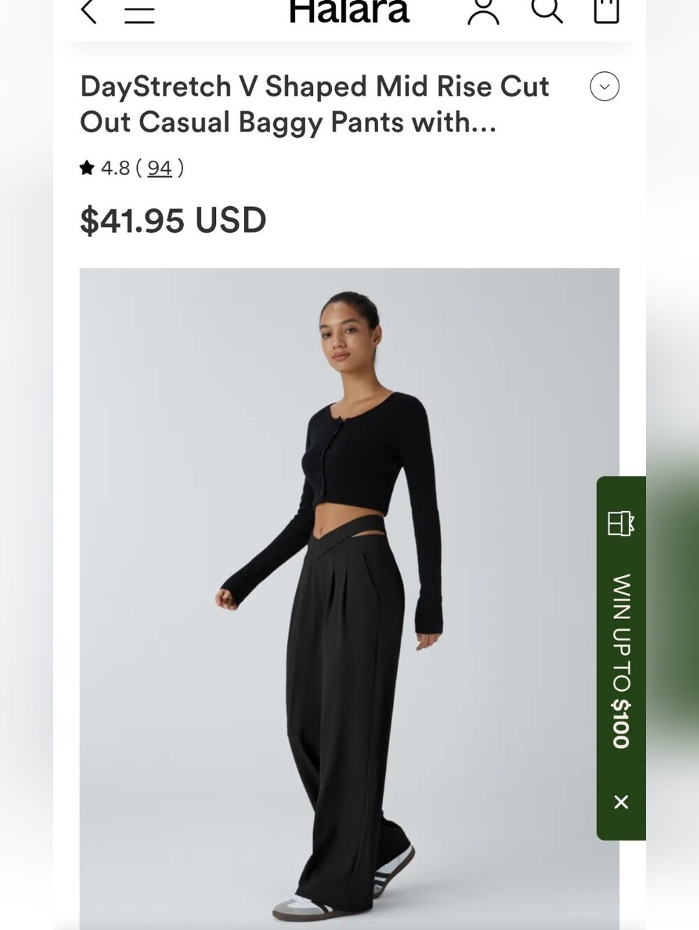 NWT Halara DayStretch V Shaped Mid Rise Cut Out Casual Baggy Pant Sz L Black